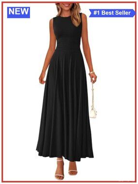 PRETTYGARDEN Womens Sleeveless Flowy A-Line Pleated Maxi Dress Summer Casual